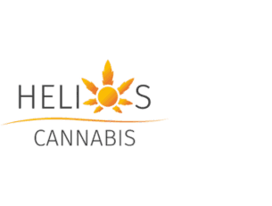 Helios Schriftzug mit gelber Cannabis Sonne